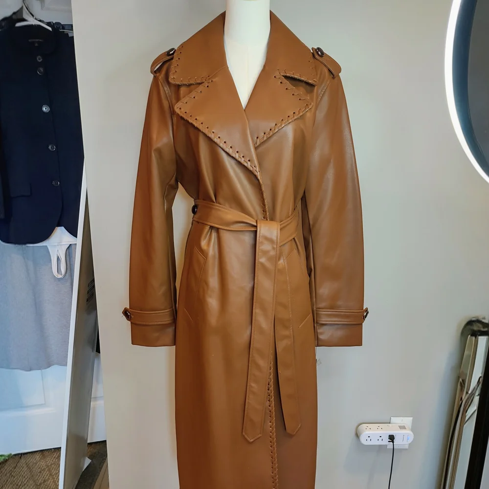 Kenneth Cole Faux Leather Belted Trench Coat In Cognac Size Large - Picture 3 of 7